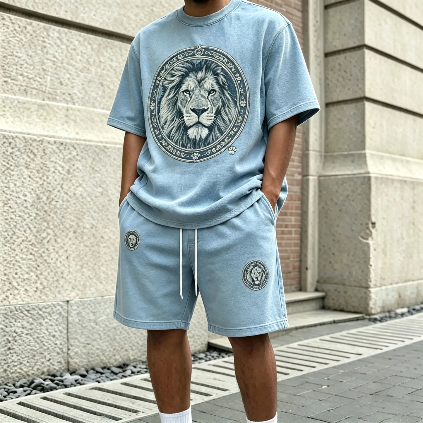 Men's Light Blue Lion-Print Round-Neck Short-Sleeve T-Shirt and Shorts Set