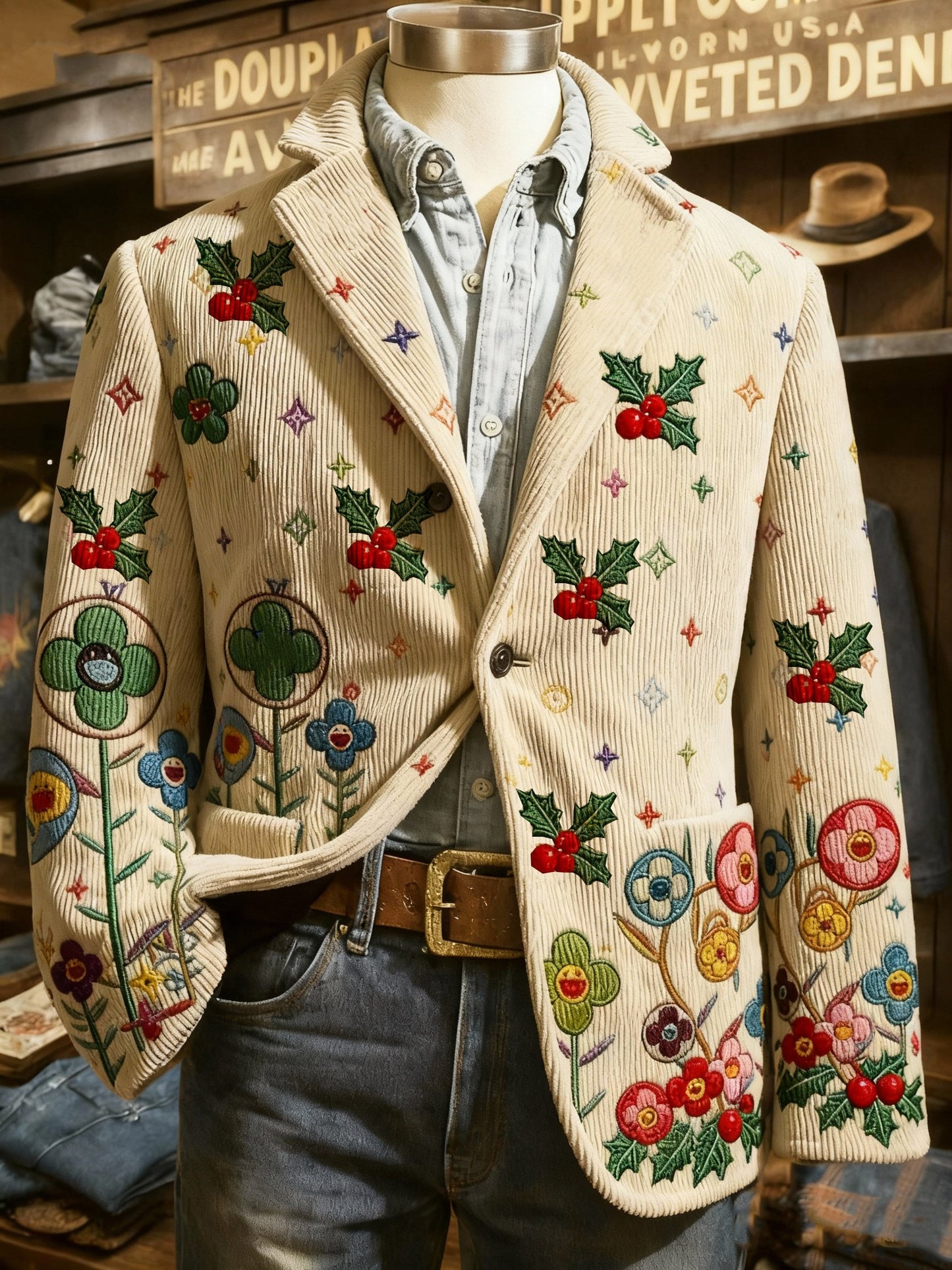 Vintage Christmas Holly Berry Print Casual Jacket
