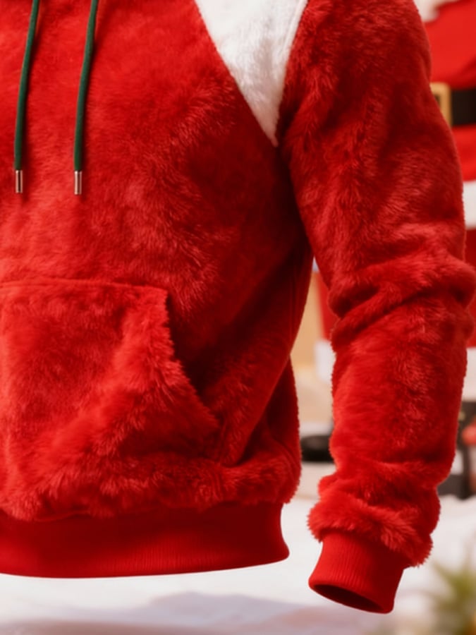 Men's Warm Plush Stitching Contrast Color Christmas Hooded Sweatshirt