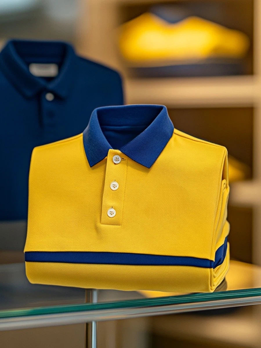 Men's Business Casual Yellow and Blue Contrast Logo Button Short Sleeve Polo Shirt