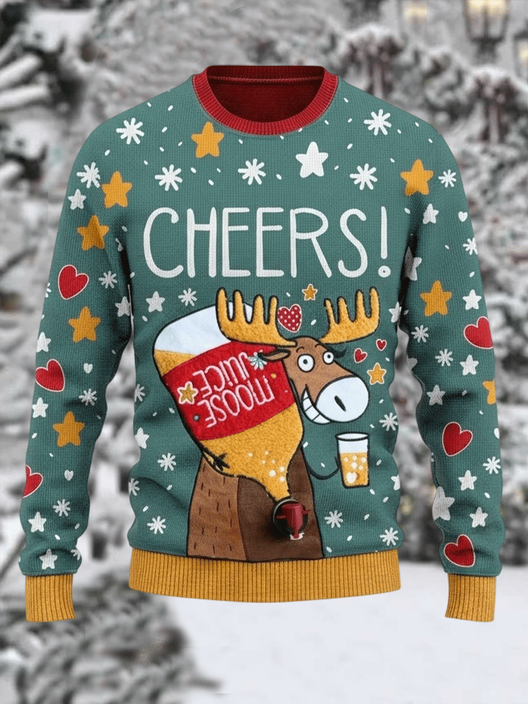 Men's Retro Cheers Moose Juice Ugly Christmas Print Sweater