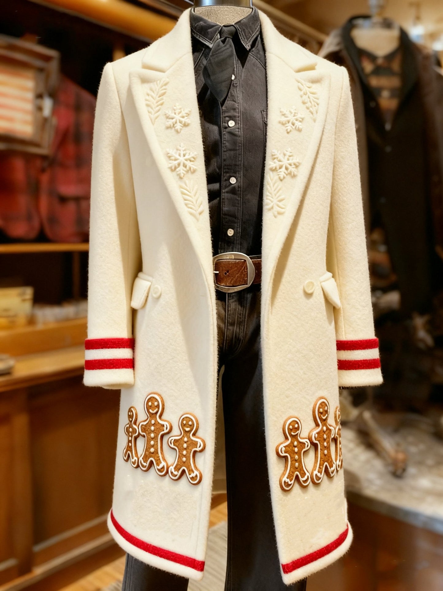 Men's Business Reindeer Christmas Snowman Tree Snowflakes Santa Long Wool Coat