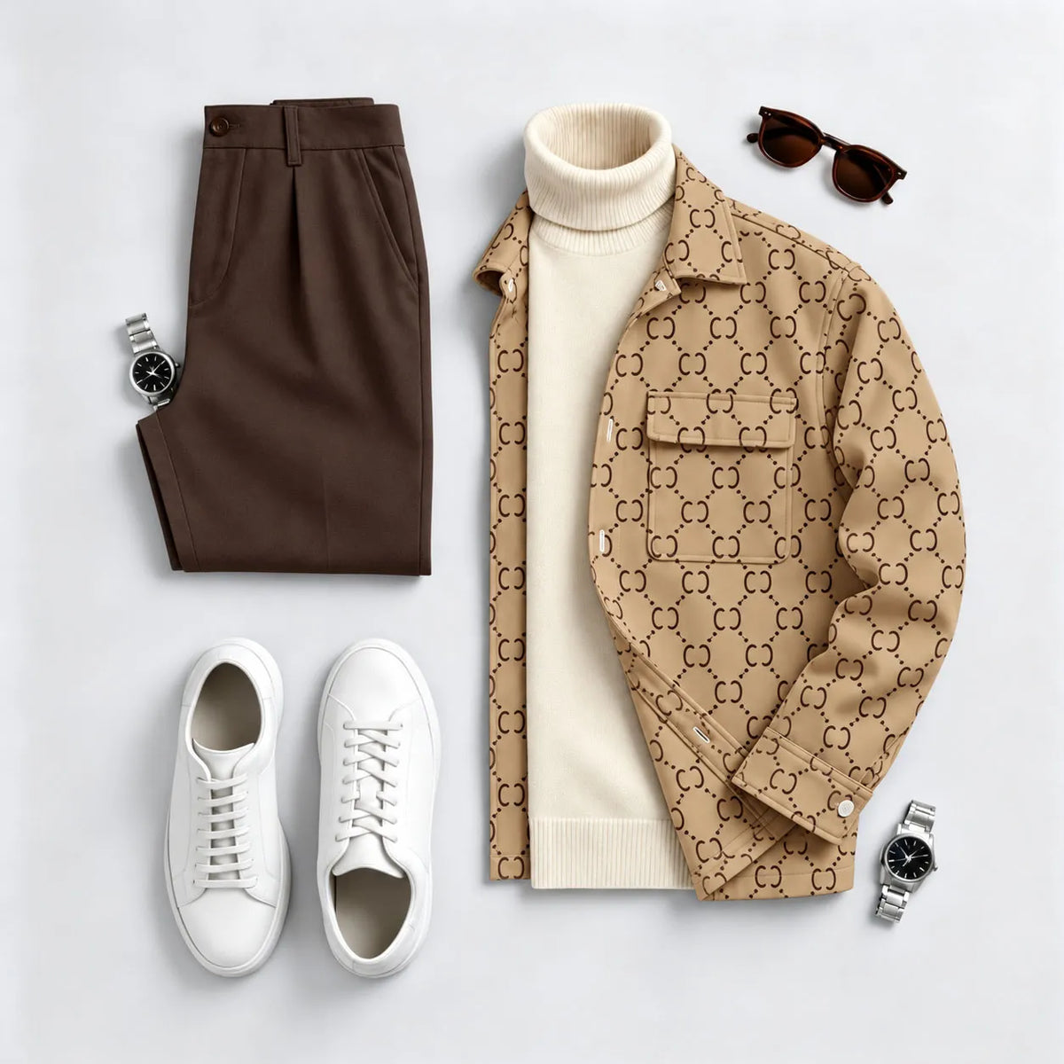 Men's brown printed long-sleeve shirt and pants two-piece set
