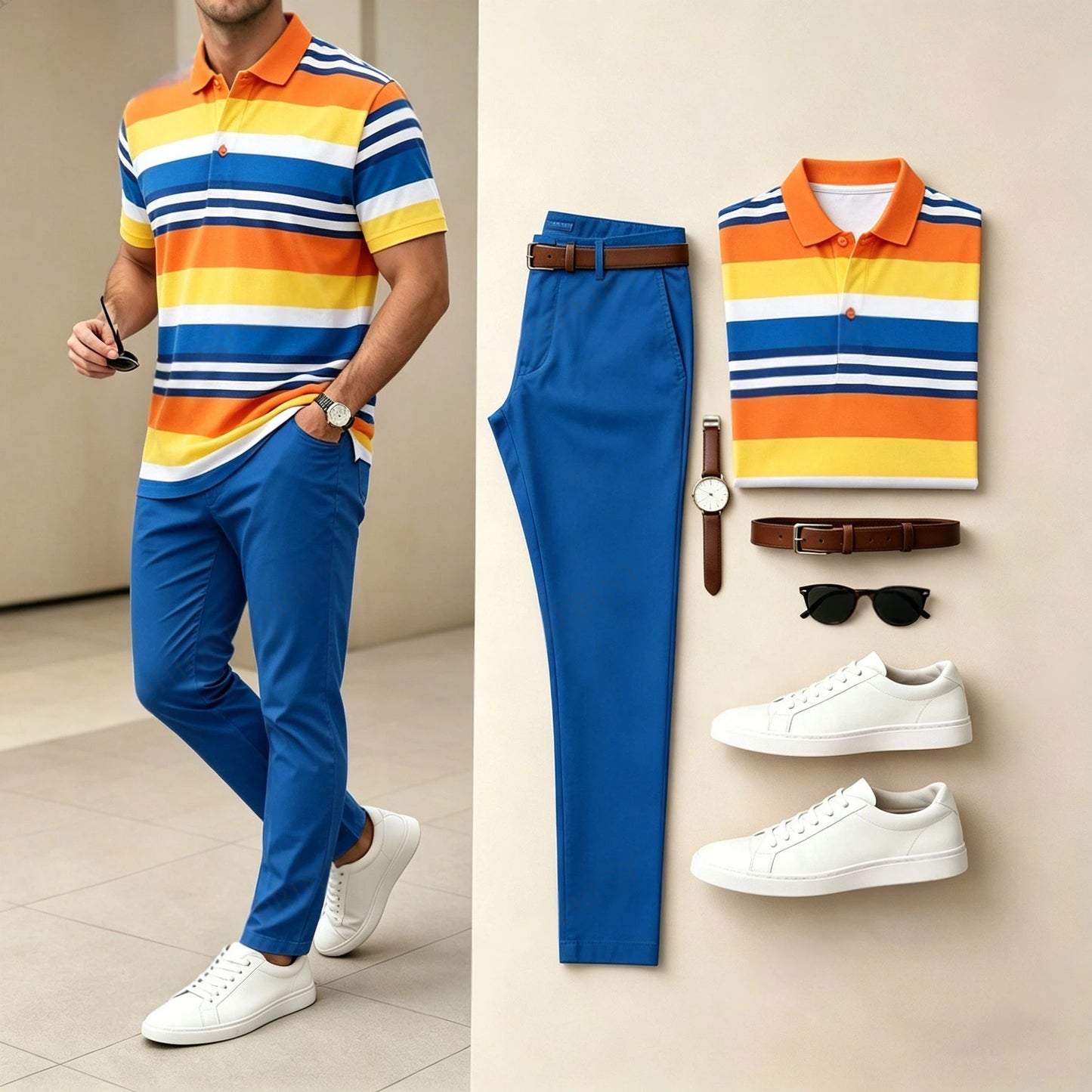Men's Casual Orange Geometry Printed Polo Shirt And Pants Two-Piece Set