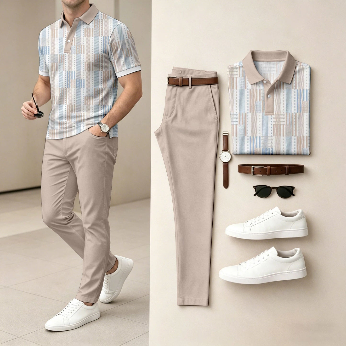Men's Casual Light Blue Stripes Printed Polo Shirt And Pants Two-Piece Set