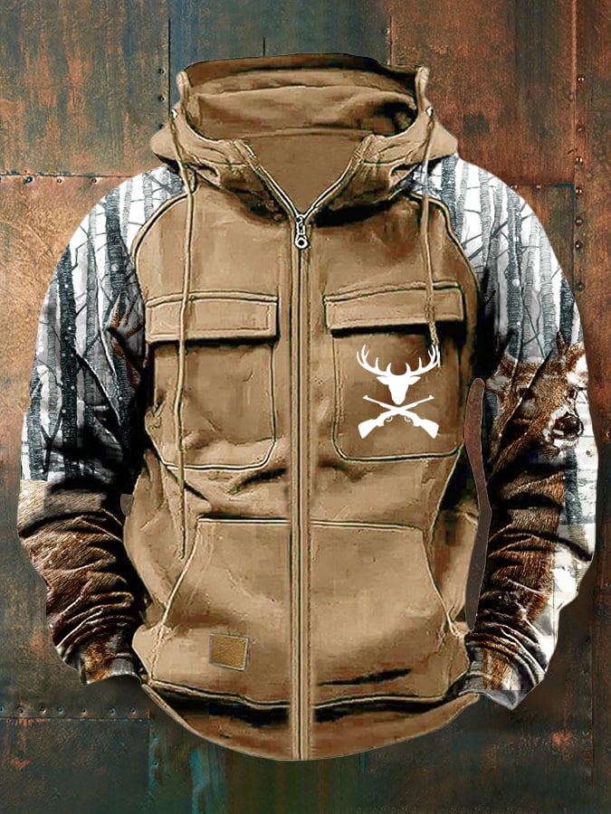 Men's Vintage Western Deer Print Multi-Pocket Jacket