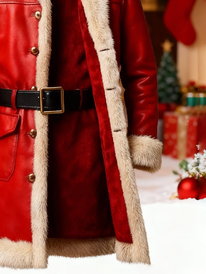 Men's Christmas Red Leather and Plush Mid-Length Coat (with Belt)