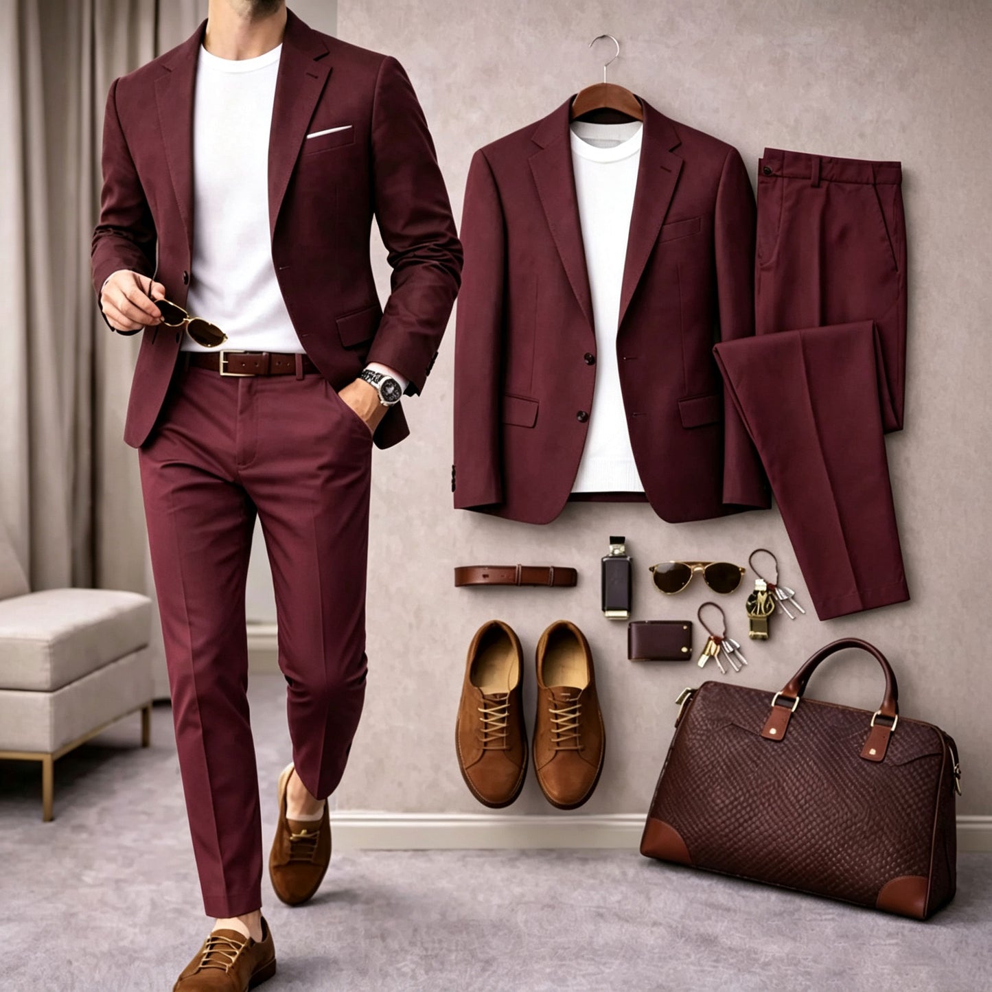 Men's Solid-Color Long-Sleeve Shirt and Long Pants Suit Set