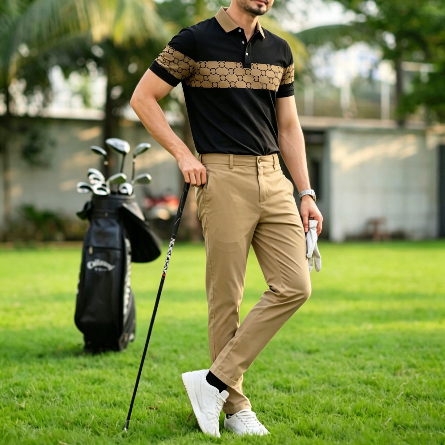 Men's Casual Black & Brown Plaid Printed Polo Shirt And Pants Two-Piece Set
