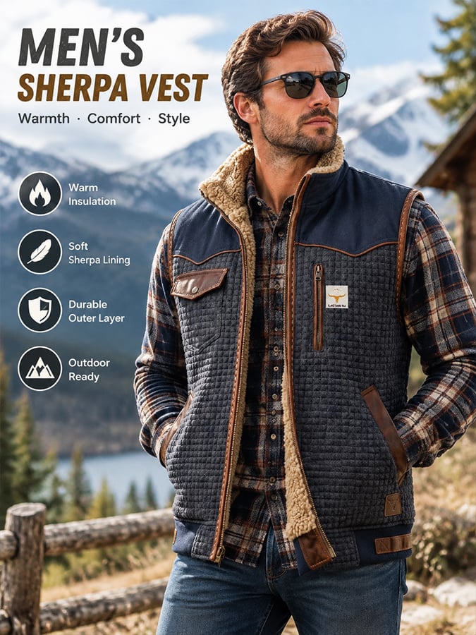 Men's Vintage-Style Textured Jacquard Knit & Leather-Panel Outdoor Warm Hooded Vest