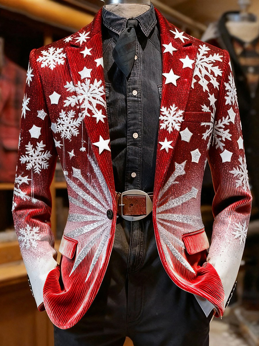 Men's Corduroy Christmas Tree Collar Suit JacketMen's Corduroy Christmas Snowflake Lapel Suit Jacket