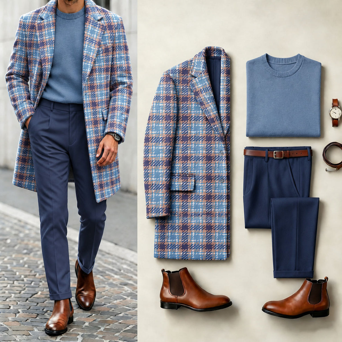 Men's Colorful Checkered Print Suit Set: Jacket, Knit Sweater, and Pants