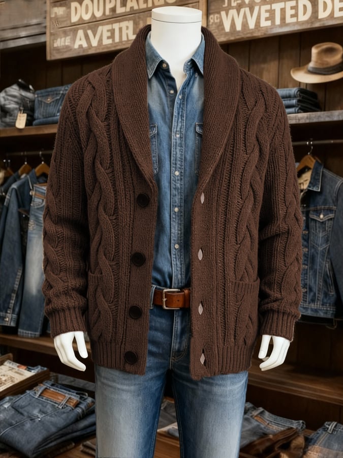 Men'S Lapel Twisted Textured Sweater Jacket
