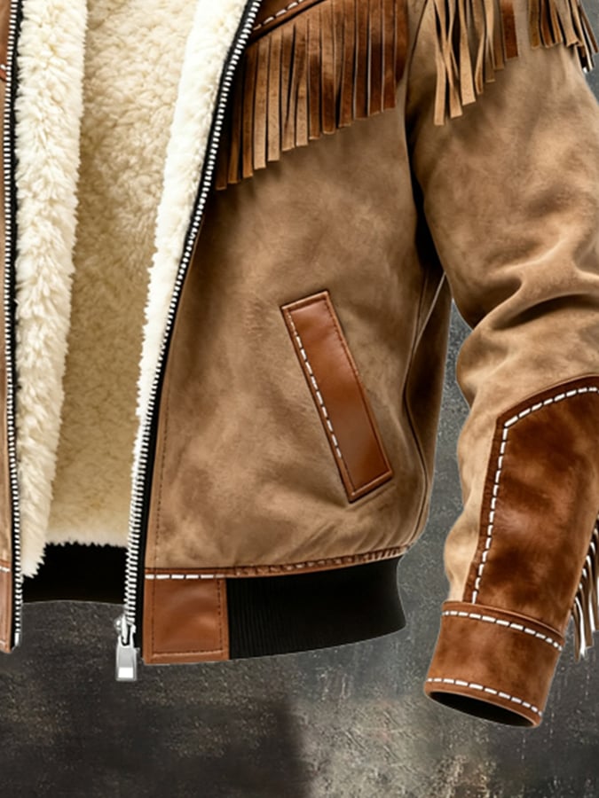Men's Vintage Warm Suede Stitching Tassel Outdoor Jacket