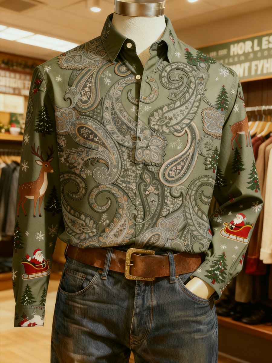 Men's Business Paisley Christmas Evergreen Print Long-Sleeve Shirt