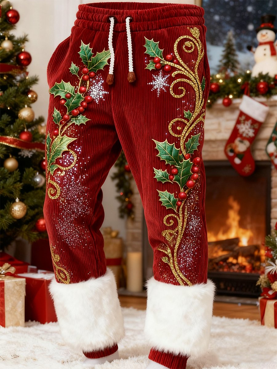 Men's Corduroy Christmas Holly Plush Trousers