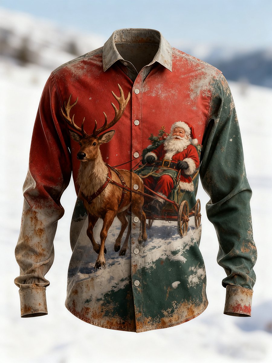 Men's Vintage Christmas Art Long Sleeve Shirt