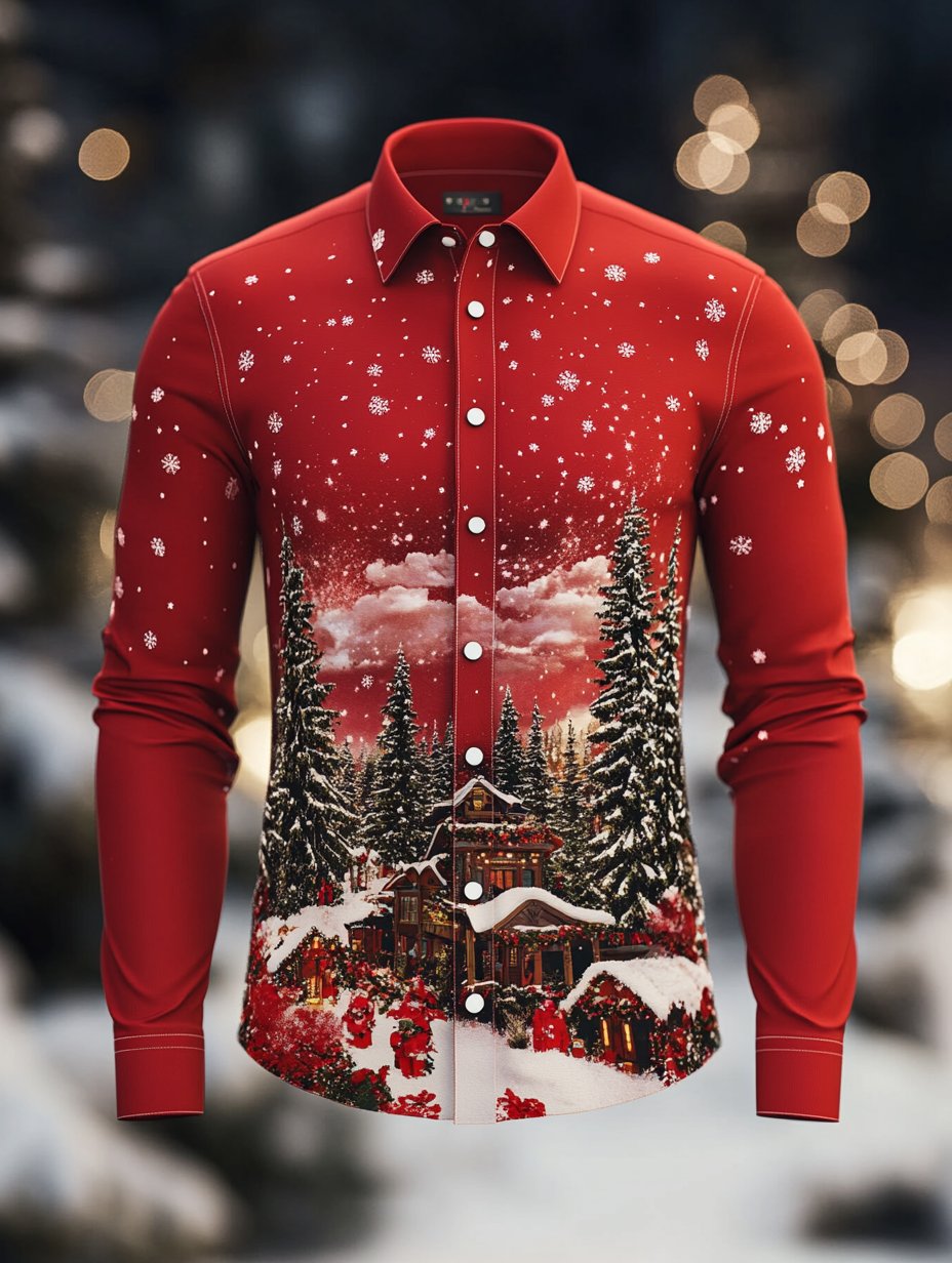 Men's Business Luxury Retro Christmas Evergreen Pine Snowflake Long Sleeve Shirt
