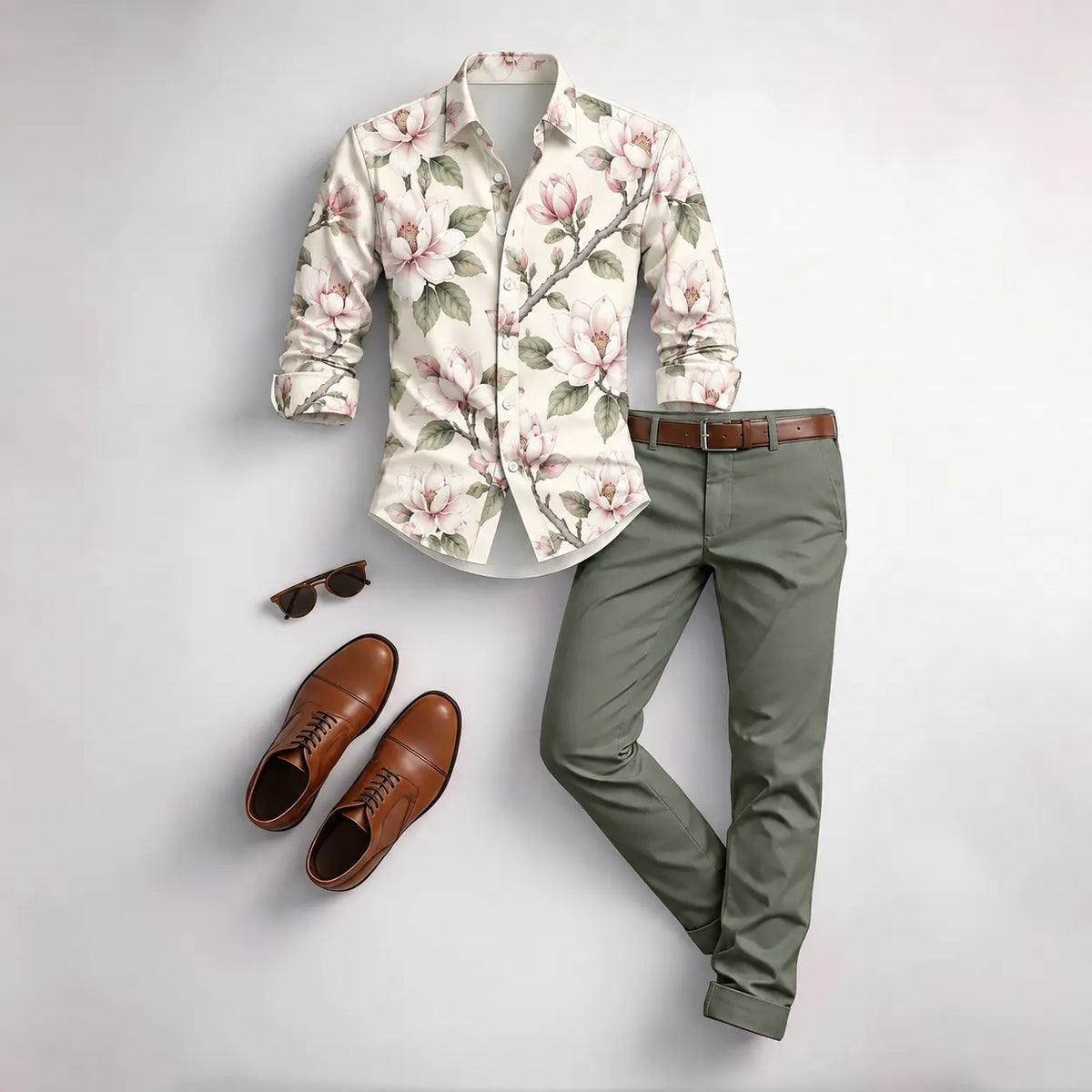 Men's Vintage Floral Print Long-Sleeve Shirt and Pants Set