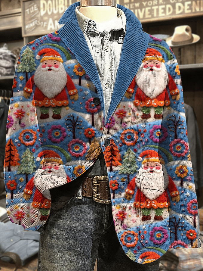 Men's Retro Christmas Art Print Corduroy Casual Jacket