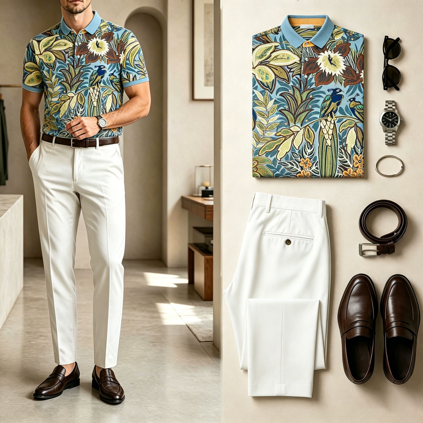 Men's Casual Floral-Print Short-Sleeve Polo Shirt And Pants Set (Does Not Include Accessories Such As Watches Or Belts)