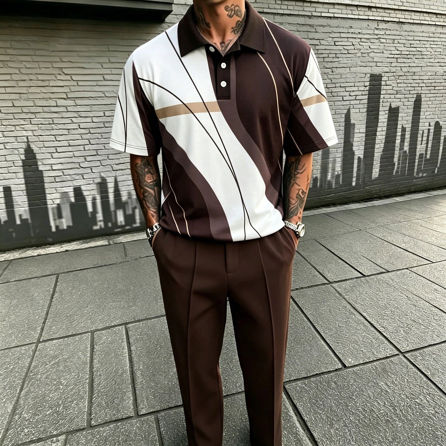 Men's Casual Brown & White Printed Polo Shirt And Pants Two-Piece Set
