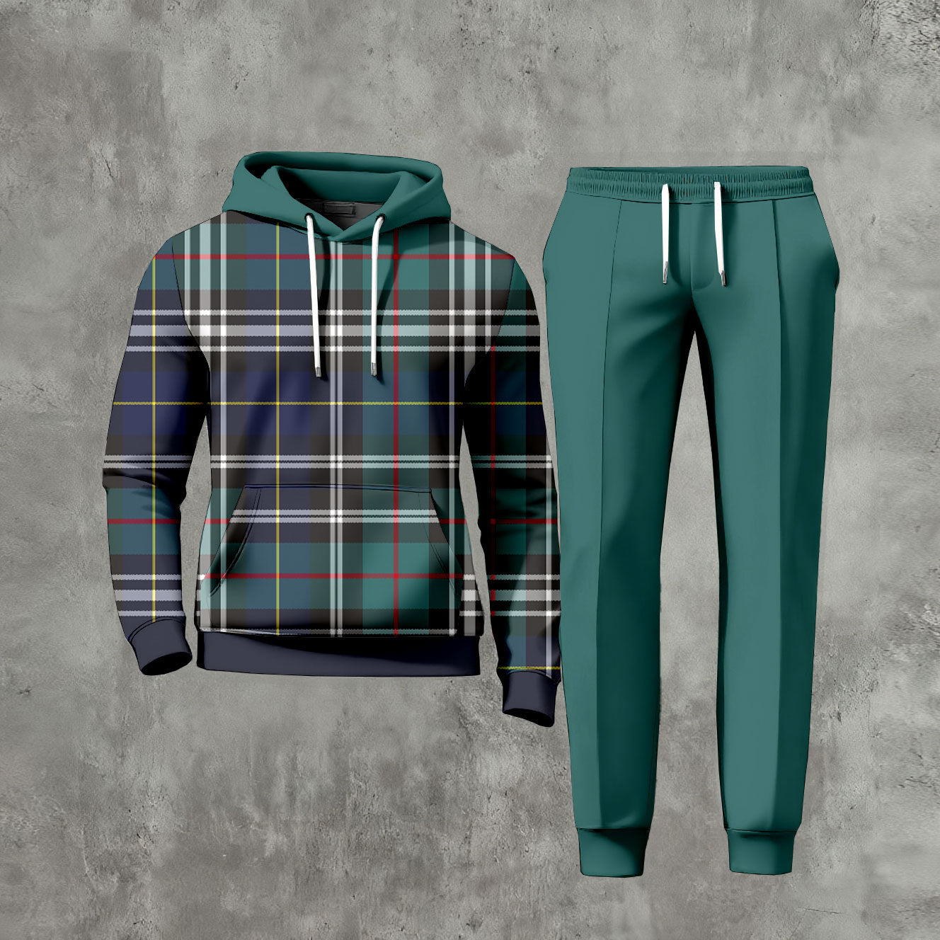 Men's Casual Color Matching Checked Printed Long-Sleeve Hoodies Sweatshirt & Trousers Dark Green Two-Piece Set