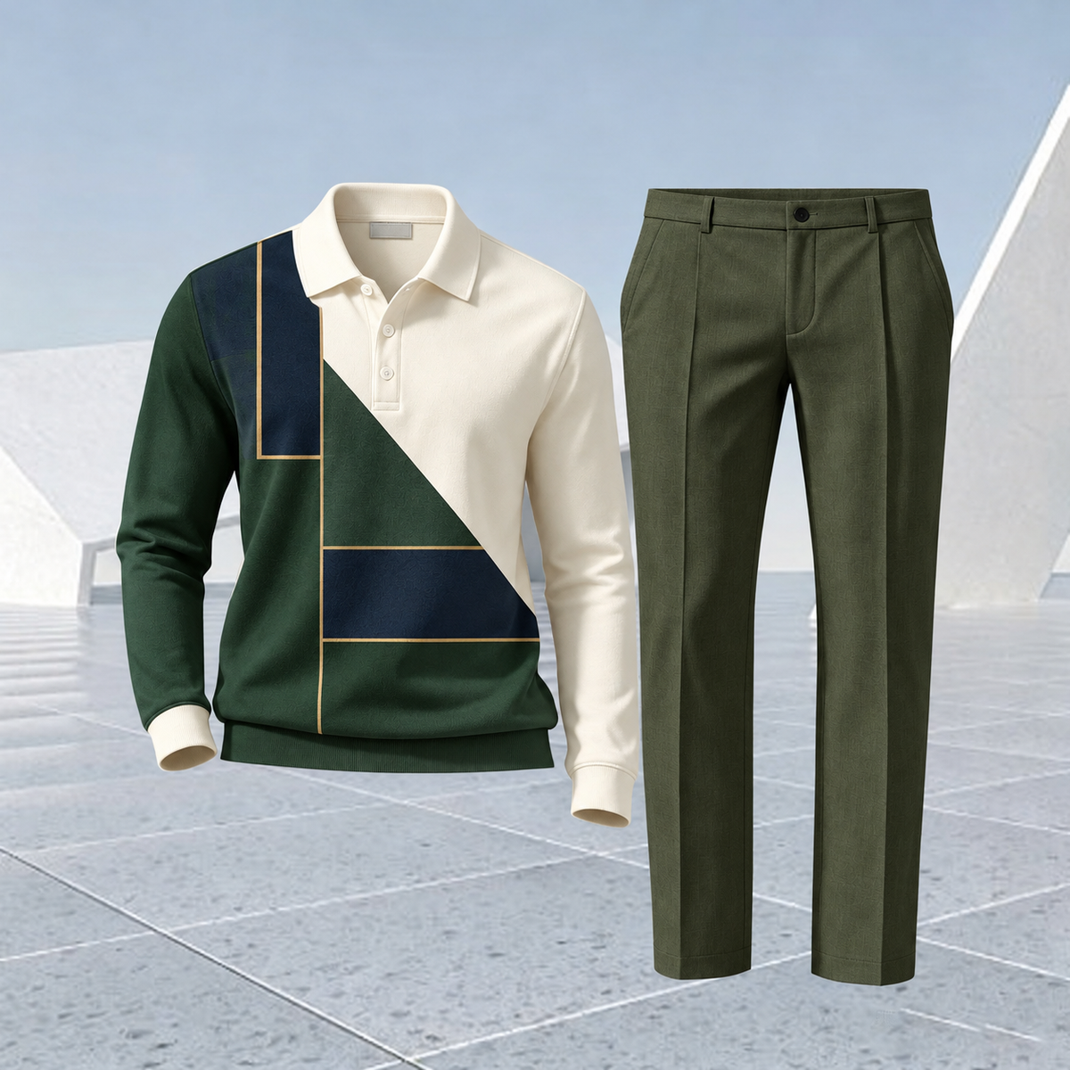 Men's Color-Blocked Polo Shirt and Pants Set