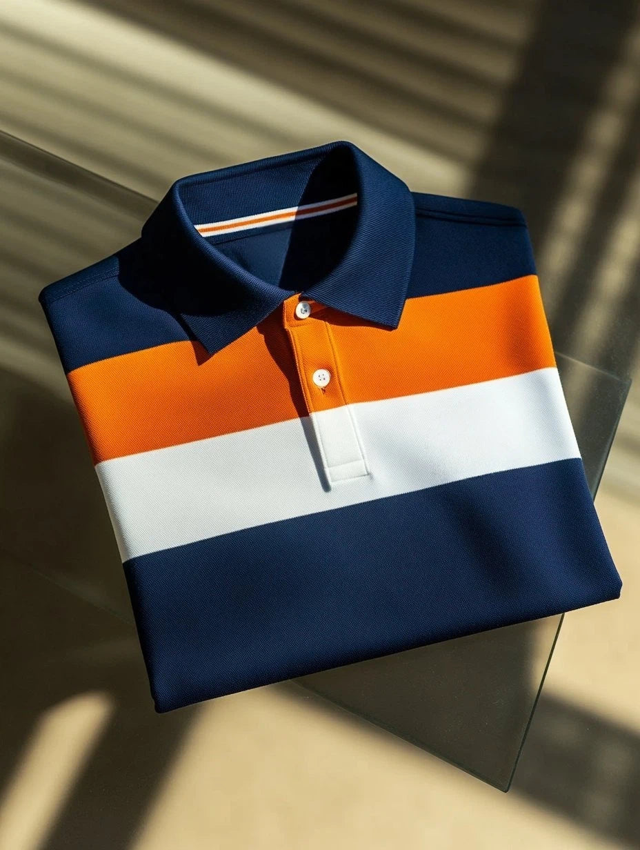 Men's Business Casual Striped Fish Embroidered Button Short Sleeve Polo Shirt