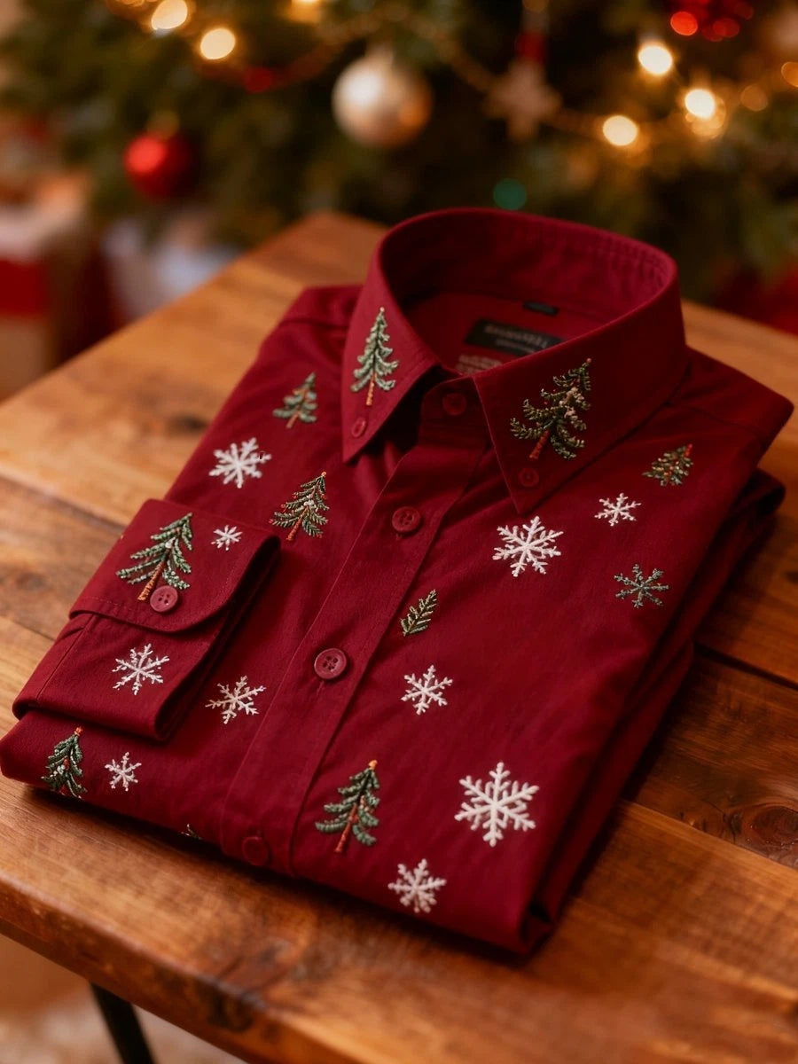 Men's Business Christmas Evergreen Print Long-Sleeve Shirt
