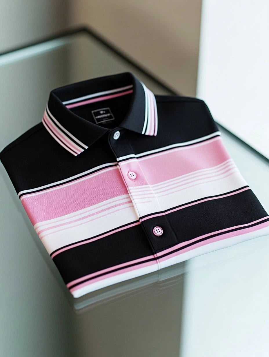 Men's Business Casual Striped Fish Embroidered Button Short Sleeve Polo Shirt