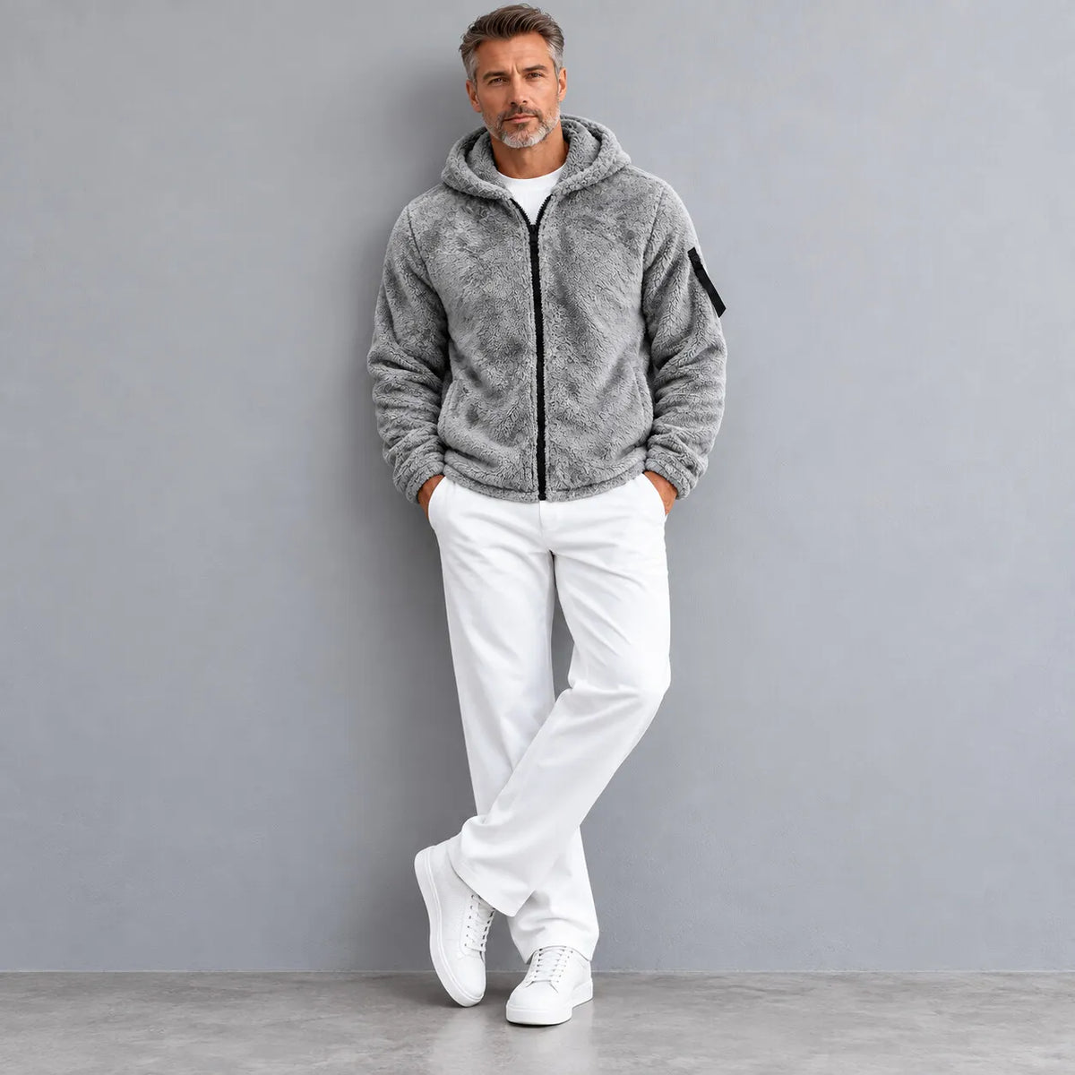 Men's Casual Solid Color Pockets Fluffy Hooded Zip-Up Jacket
