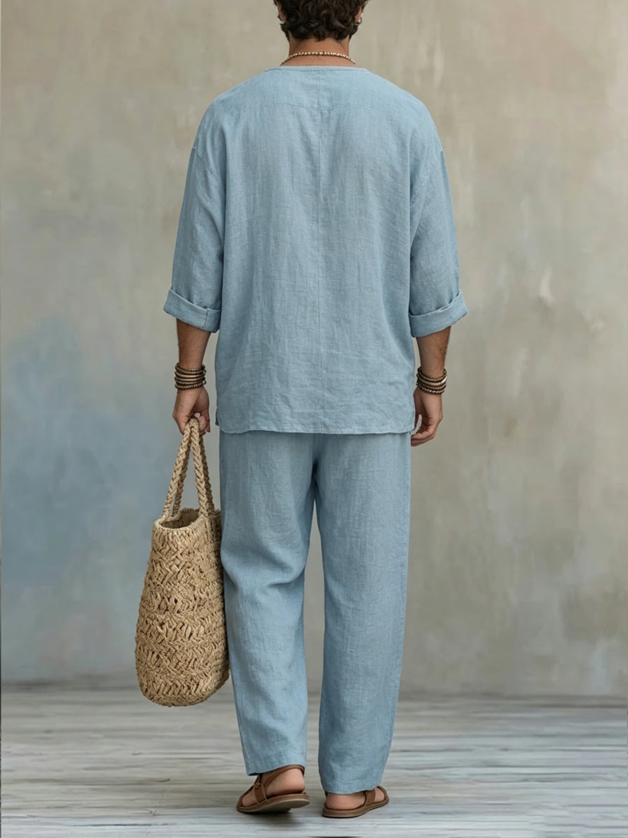 Men's Light Blue Linen Tie V-neck Casual Set