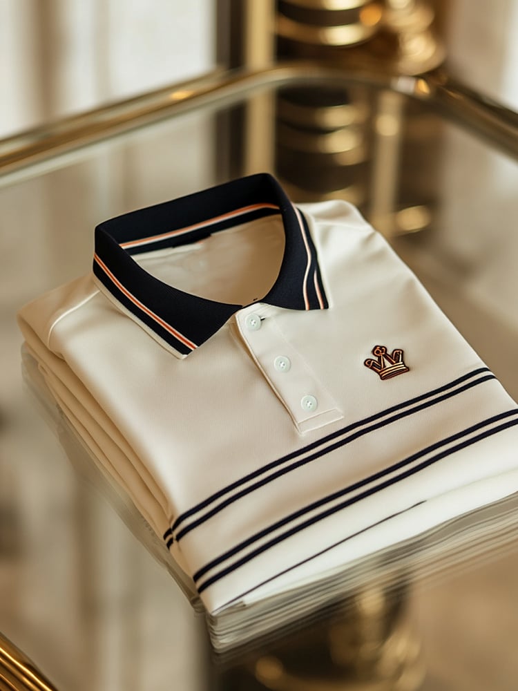 Men's Business Casual Striped Logo Button Short Sleeve Polo Shirt