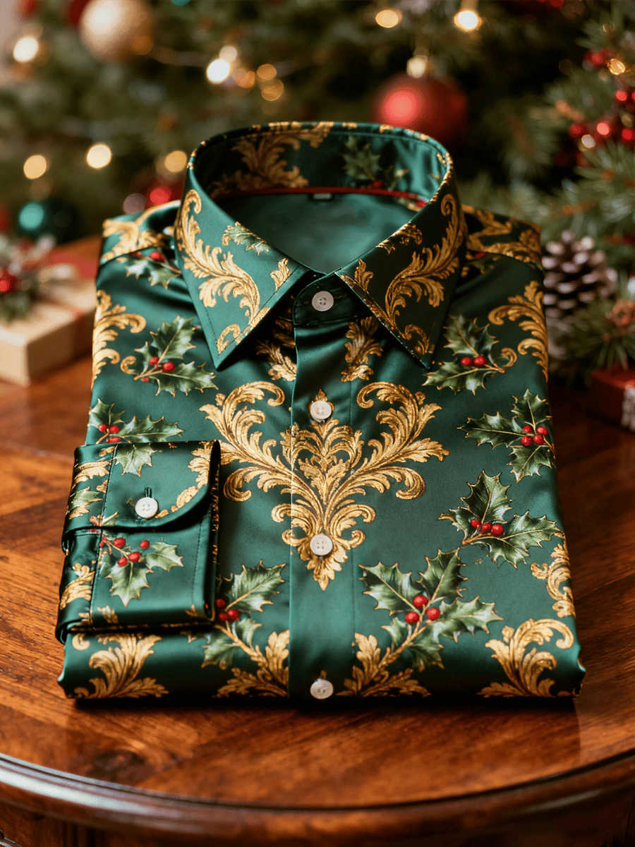 Men's Christmas Holly Long-Sleeved Shirt