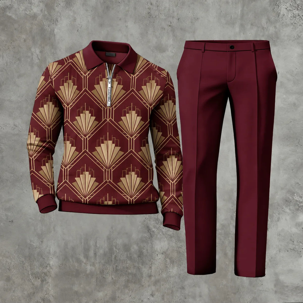 Men's Printed Zipper Polo Shirt and Pants Set