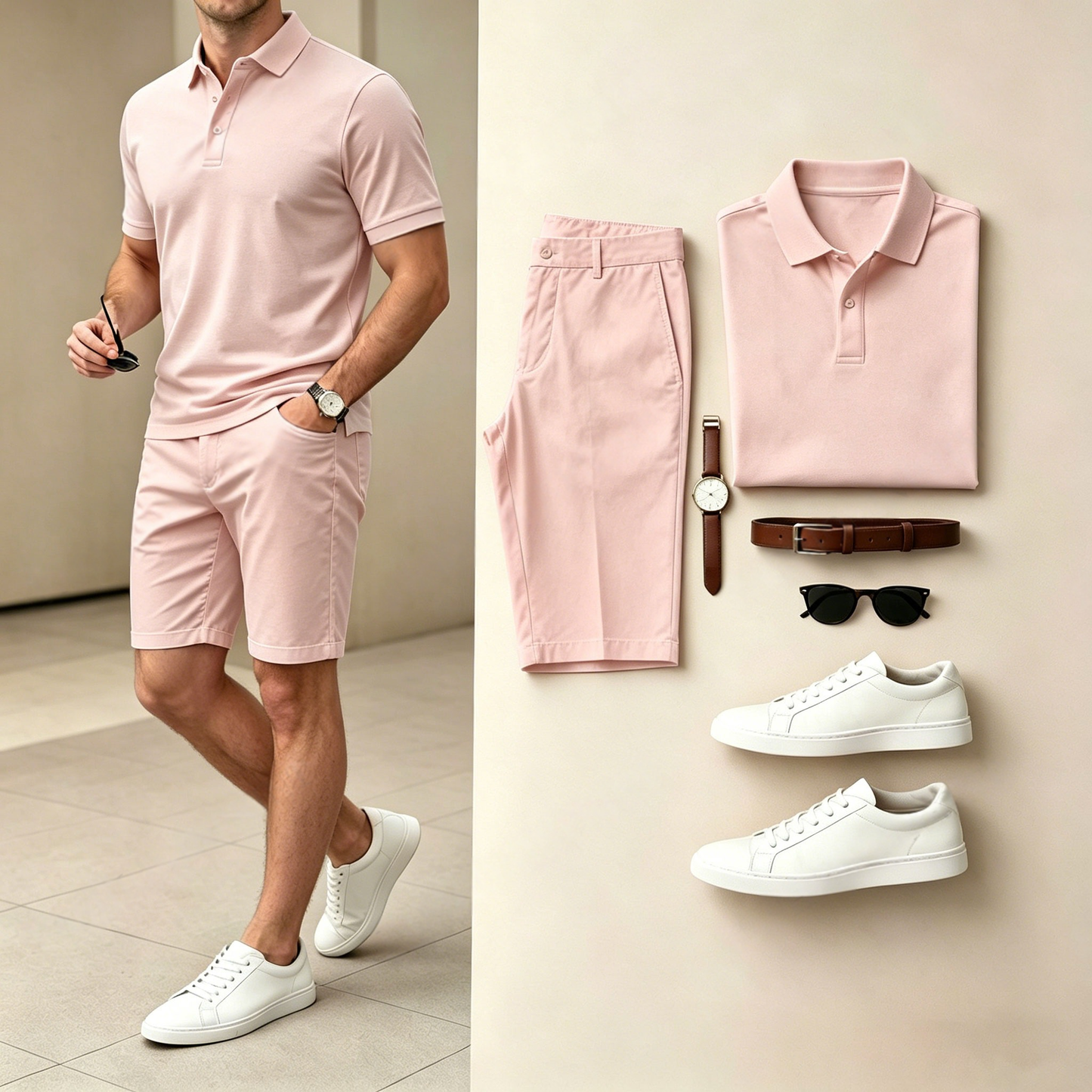 Men's Casual Solid Pink Polo Shirt And Shorts Two-Piece Set (Does Not Include Watch, Belt, Or Accessories)