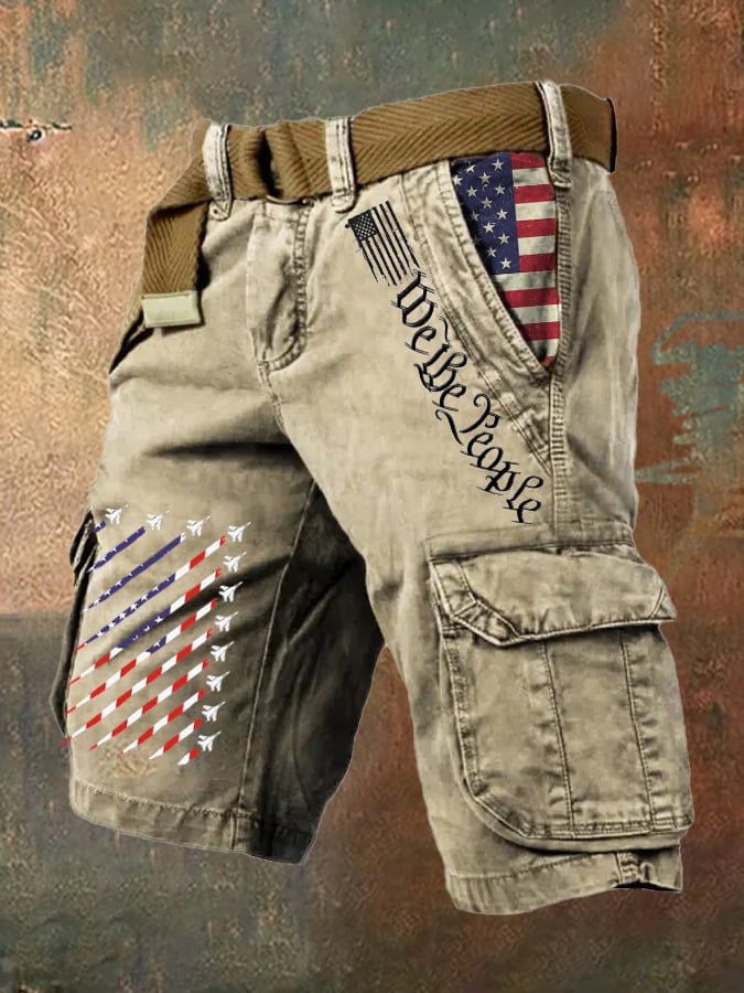 Men'S Retro Flag Multi-Pocket Printed Shorts