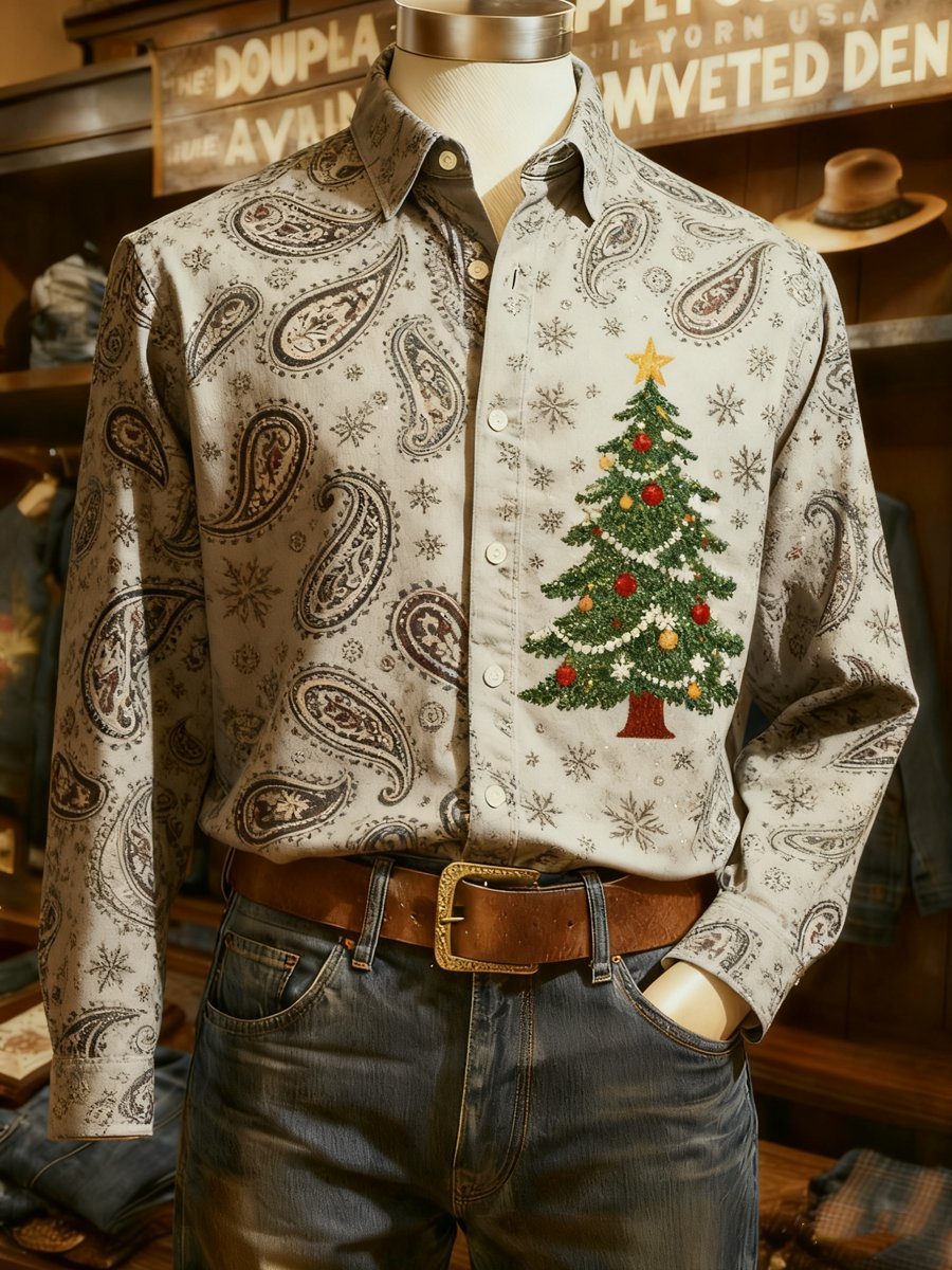 Men's Business Paisley Christmas Evergreen Print Long-Sleeve Shirt