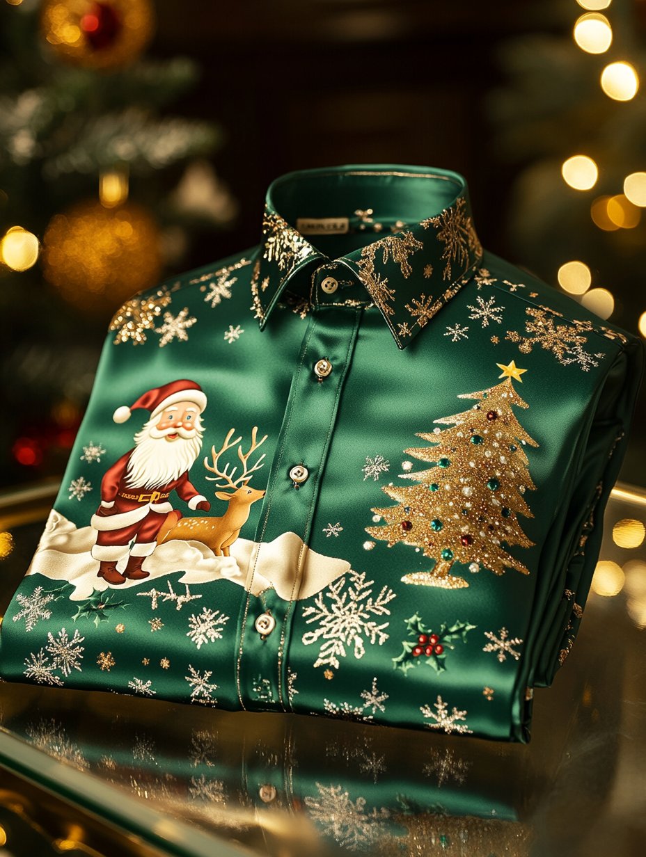 Men's Christmas Satin Luxe Long Sleeve Button Down Shirt