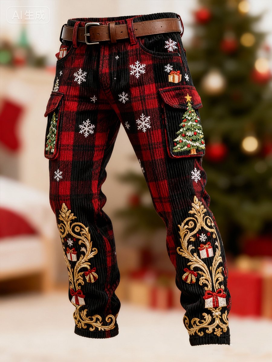 Men's Corduroy Plaid Christmas Tree Pants