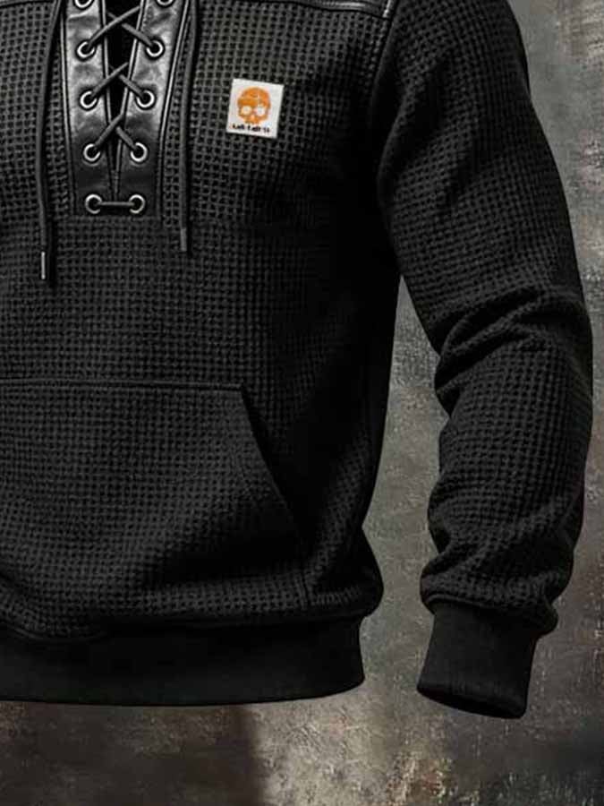 Men's Retro Waffle-Knit & Leather-Panel Lace-Up Collar Sweatshirt
