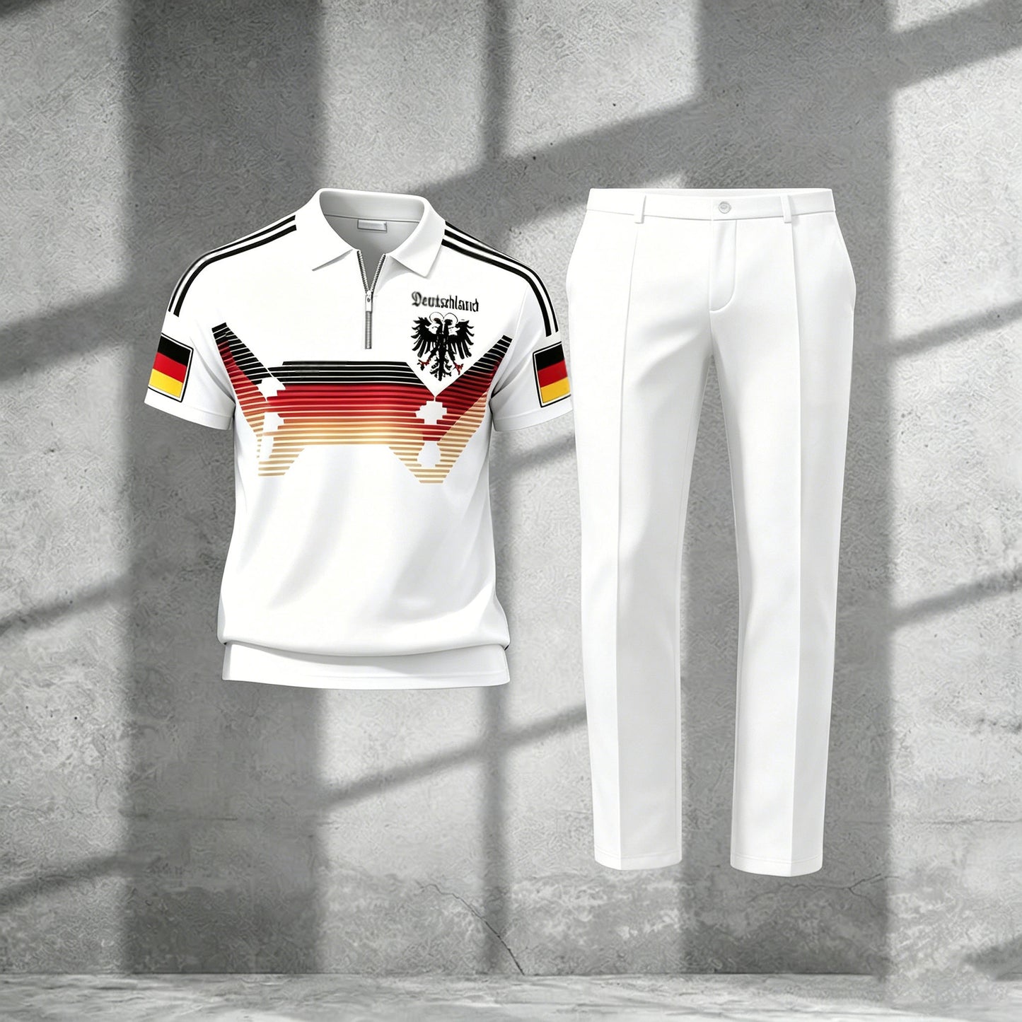 Men's Casual White Printed Polo Short-Sleeve T-Shirt And Pants Two-Piece Set