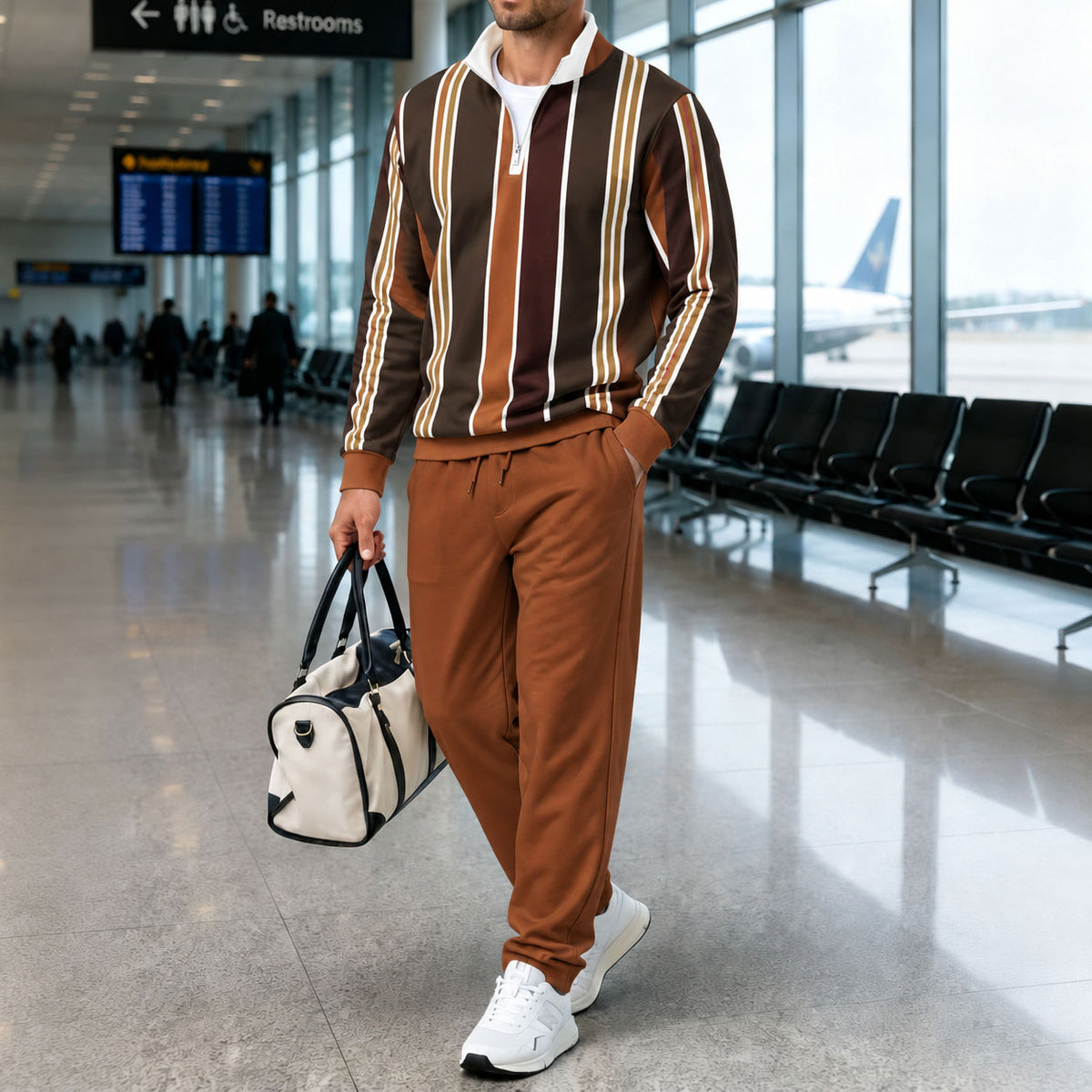 Men's Striped Stand-Up Collar Long-Sleeve Shirt and Pants Set