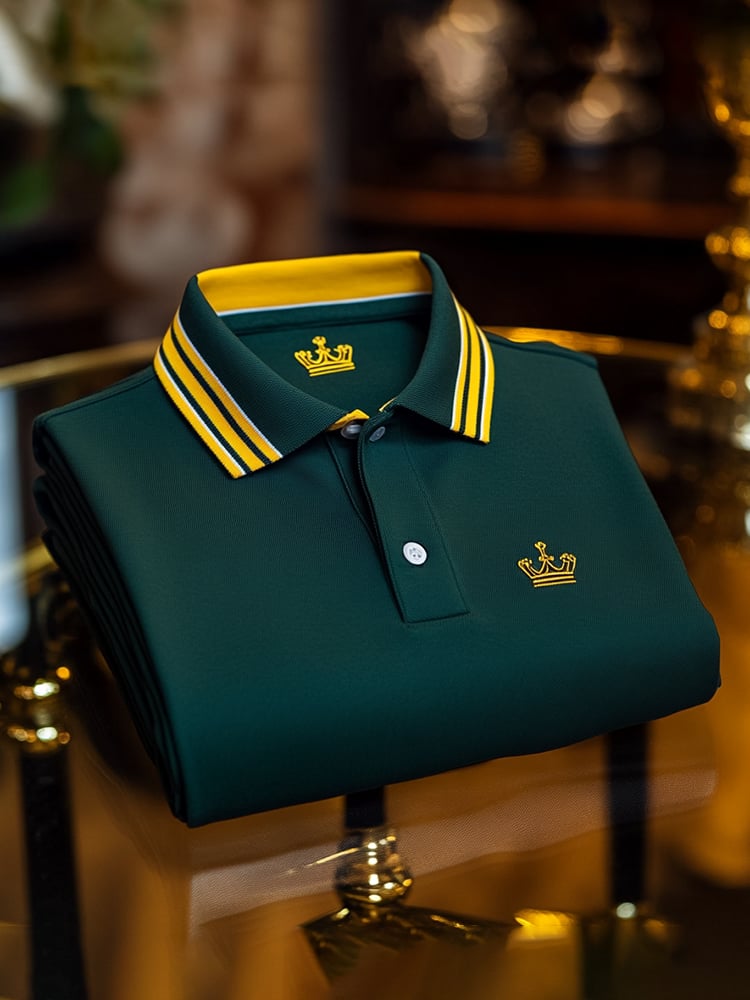 Men's Classic Business Check Logo Button Short Sleeve Polo Shirt