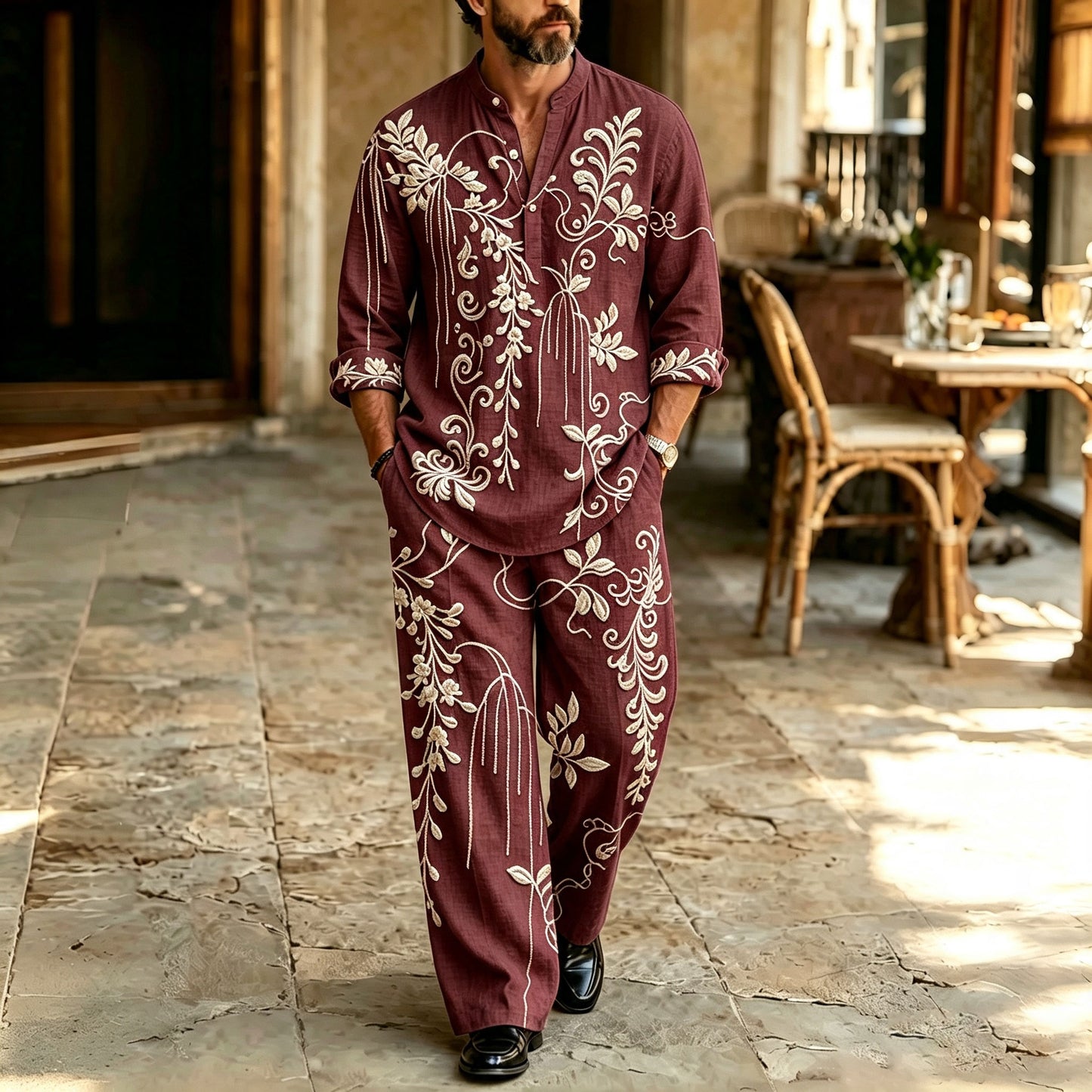 Men's Vine-Print Stand-Collar Polo Shirt and Pants Set