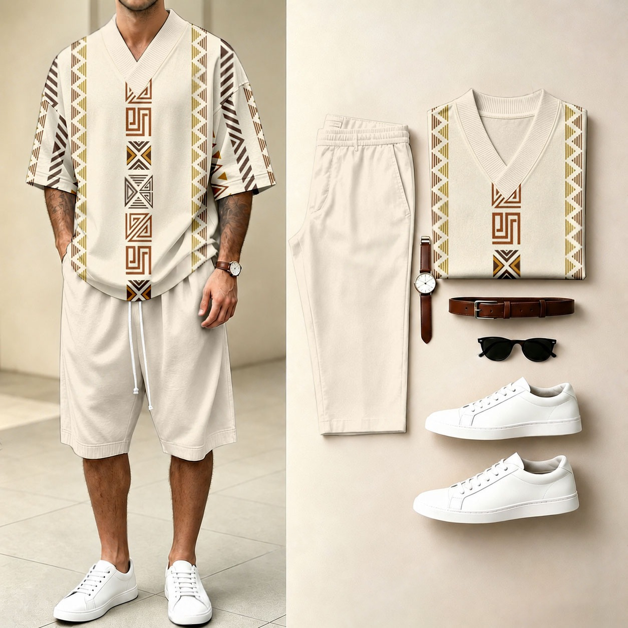 Men's Casual Geometric Print V-Neck Short-Sleeve T-Shirt And Shorts Two-Piece Set