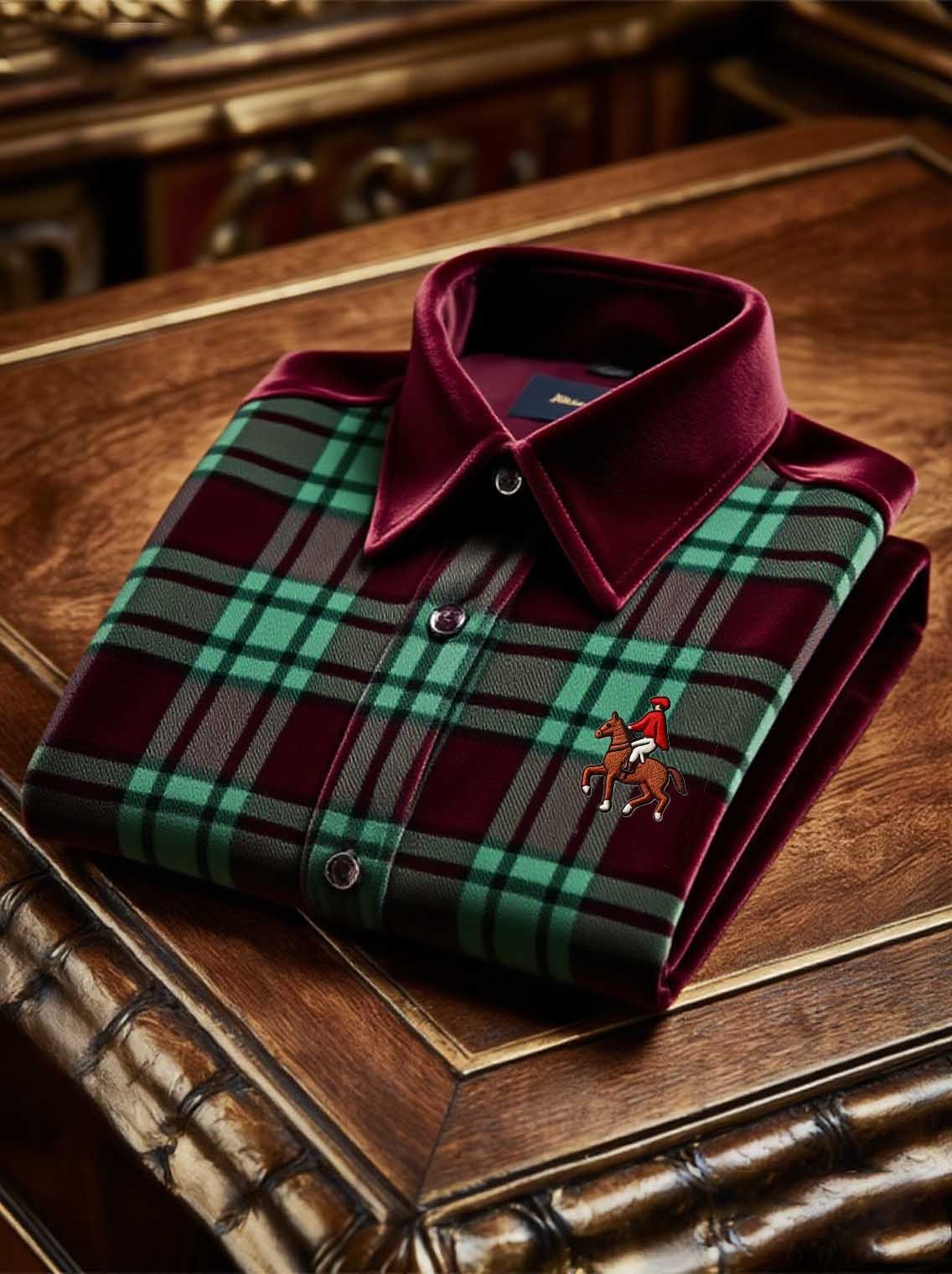 Men's Velvet Plaid Logo Casual Long Sleeve Shirt