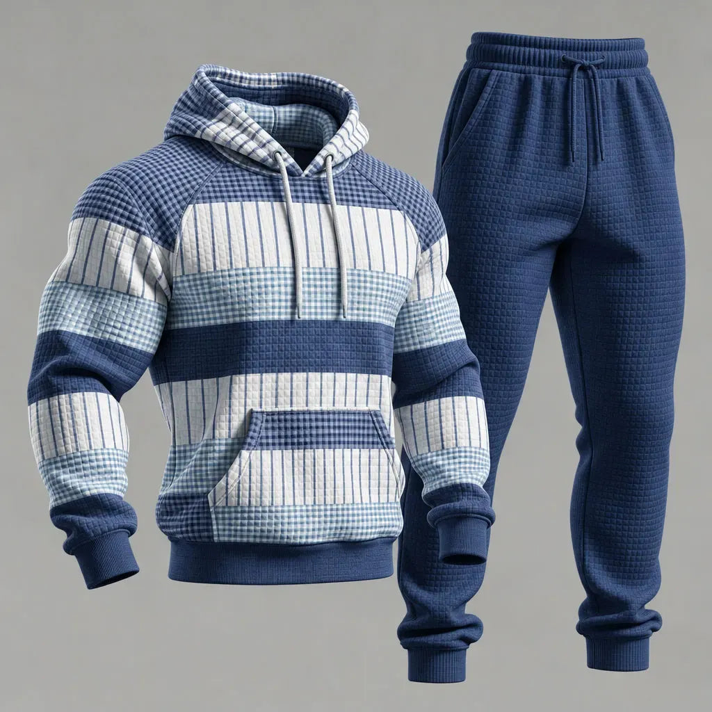 Men's Checkered and Striped Patchwork Hooded Sweatshirt and Pants Set