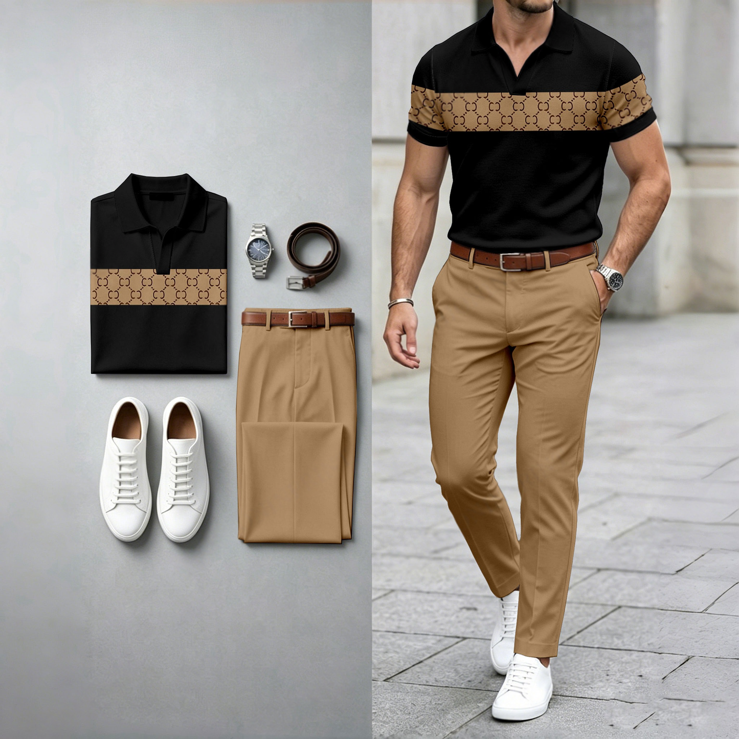Men's Casual Horizontal-Striped Printed Short-Sleeve Polo Shirt And Pants Two-Piece Set (Watch And Belt Not Included)